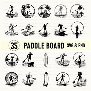 May include: A set of 35 black and white paddle board SVG and PNG digital files. The images feature people paddle boarding in various poses, with some images including palm trees and other beach elements.