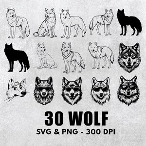 May include: A set of 30 black and white wolf illustrations in various poses, including howling, running, and sitting. The illustrations are perfect for use in crafting projects, scrapbooking, or digital design.