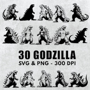 May include: A set of 30 black and white Godzilla silhouette illustrations. The illustrations are in various poses and sizes. The text "30 GODZILLA SVG & PNG - 300 DPI" is at the bottom of the image.