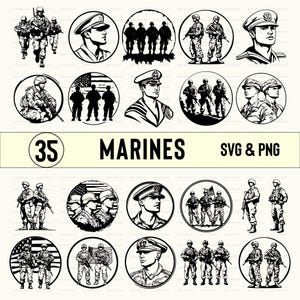 May include: A set of 35 black and white SVG and PNG digital files featuring various illustrations of Marines. The illustrations include Marines in uniform, with rifles, and in various poses.