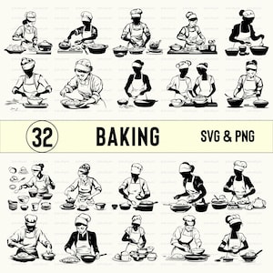 Pode incluir: Um conjunto de 32 arquivos digitais SVG e PNG em preto e branco com ilustrações de um chef cozinhando. As ilustrações são perfeitas para criar designs personalizados para camisetas, canecas, bolsas e outras manualidades.
