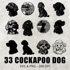 Könnte beinhalten: Ein Set mit 33 Schwarzweiß-Illustrationen von Cockapoo-Hunden in verschiedenen Posen, darunter mit Sonnenbrille und Hut. Die Illustrationen sind perfekt für Bastelprojekte, digitale Designs und mehr.