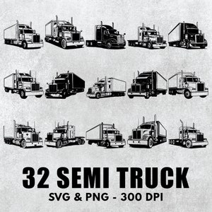 Puede incluir: Un conjunto de 32 ilustraciones de camiones de plataforma en blanco y negro. Los camiones se muestran en varias configuraciones, incluyendo plataformas, remolques y cisternas. Las ilustraciones están en un estilo simple y de dibujos animados.