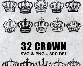 Puede incluir: Una colección de 12 ilustraciones de coronas en blanco y negro. Las coronas presentan diseños variados, con detalles ornamentados y cruces. El texto en la parte inferior dice "32 CROWN SVG & PNG - 300 DPI".