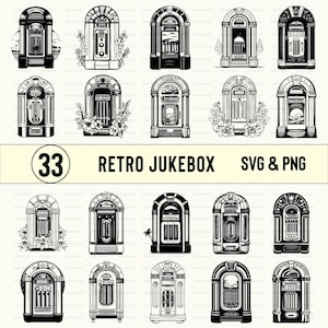 May include: A set of 33 black and white retro jukebox illustrations. The jukeboxes are in various styles, some with floral accents, some with stars, and some with palm trees. The illustrations are perfect for creating digital or physical products like t-shirts, mugs, stickers, and more.
