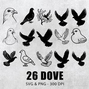 May include: A collection of 26 dove illustrations in black and white. The designs include silhouettes of doves in various poses, including flying and perched, along with the text "26 DOVE" and "SVG & PNG - 300 DPI".