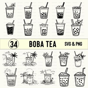 May include: A set of 34 black and white illustrations of boba tea drinks. The illustrations feature various designs, including boba tea with flowers, palm trees, and bubbles. The text "34 Boba Tea SVG & PNG" is at the top of the image.