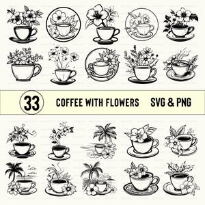 May include: A set of 33 black and white SVG and PNG digital files featuring coffee cups with various floral designs. The designs include coffee cups with flowers, coffee cups with palm trees, and coffee cups with other floral arrangements.