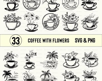 Clipart Koffie met bloemen: SVG-png-bundel (digitale download)