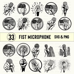 May include: A set of 33 black and white SVG and PNG digital files featuring fist microphone designs. The designs include a fist holding a microphone with various backgrounds, including American flags, fireworks, and cityscapes.