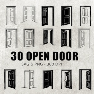 May include: A set of 30 black and white open door illustrations. The doors are in various styles, including single doors, double doors, and doors with windows. The doors are all open, revealing the interior of the room behind them. The illustrations are in a simple, minimalist style. 30 OPEN DOOR SVG & PNG - 300 DPI