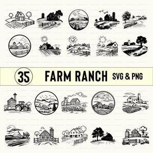 May include: A set of 35 black and white SVG and PNG digital files featuring farm and ranch scenes. The images depict barns, farmhouses, fences, trees, and other rural elements.