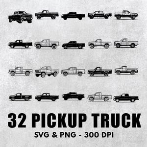 May include: A set of 32 black pickup truck silhouettes, each with a unique design. The trucks are arranged in four rows of eight, with the text "32 PICKUP TRUCK" and "SVG & PNG - 300 DPI" below the trucks.