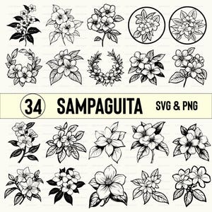 Könnte beinhalten: Ein Set mit 34 Schwarzweiß-Illustrationen von Sampaguita-Blumen in verschiedenen Arrangements, darunter Kränze, Sträuße und einzelne Blüten. Der Text "34 SAMPAGUITA SVG & PNG" wird oben im Bild angezeigt.