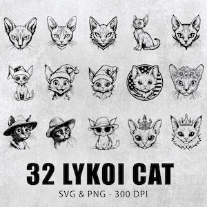 May include: A set of 32 black and white digital illustrations of cats in various poses and with different accessories. The illustrations include cats wearing hats, crowns, and Santa hats. The text "32 LYKOI CAT SVG & PNG - 300 DPI" is at the bottom of the image.
