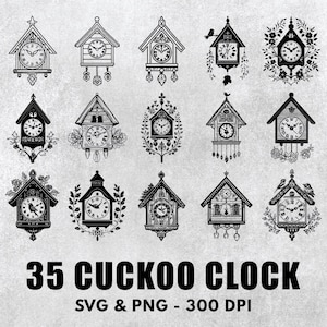 Puede incluir: Un conjunto de 15 ilustraciones en blanco y negro de relojes de cuco. Los relojes son de varios estilos, algunos con flores, pájaros y otros elementos decorativos. El texto "35 CUCKOO CLOCK SVG & PNG - 300 DPI" está en la parte inferior de la imagen.