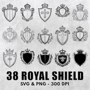 May include: Set of 38 black and white royal shield SVG and PNG digital clip art images. The shields feature crowns, crosses, and floral designs.  38 Royal Shield SVG & PNG - 300 DPI