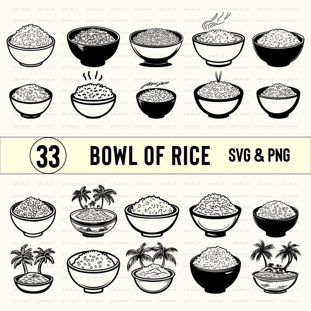 Printable Rice Design Bowl of Rice SVG PNG Bundle: Clipart Silhouette Vector Designs (digital ...