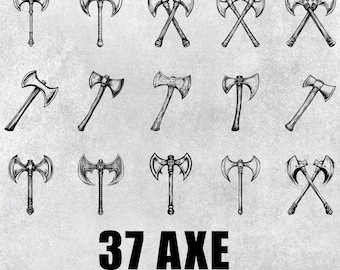 Op de afbeelding: Een set van 37 met de hand getekende bijl-illustraties in zwart-wit. De bijlen zijn in verschillende stijlen en posities, waaronder gekruist, enkel en dubbelkoppig. De tekst "37 AXE SVG & PNG - 300 DPI" staat onderaan de afbeelding.