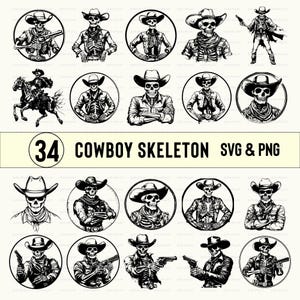 Op de afbeelding: 34 zwart-witte illustraties van cowboy-skeletten in verschillende poses, waaronder paardrijden, het vasthouden van wapens en het dragen van hoeden. De illustraties bevinden zich in een cirkel met een witte achtergrond en een zwarte rand. De tekst "COWBOY SKELETON SVG & PNG" bevindt zich bovenaan de afbeelding.