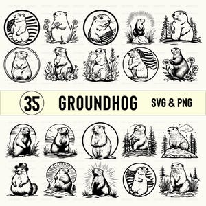 May include: A set of 35 black and white groundhog SVG and PNG digital files. The images feature groundhogs in various poses, including standing, sitting, and holding an American flag. Some images feature a groundhog peeking out of a burrow.