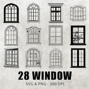 以下が含まれることがあります： アーチ型、長方形、ダブルハングなど、さまざまなスタイルの28個の白黒の窓のイラストのセット。イラストは、グレーのテクスチャの背景に「28 WINDOW SVG & PNG - 300 DPI」というテキストが書かれています。