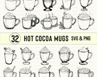 Hot Cocoa Mug Clipart: 32 Black & White Vector Designs (SVG, PNG)