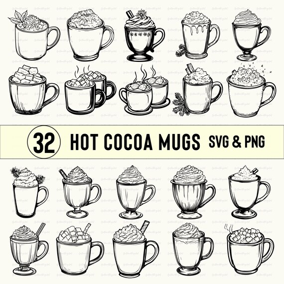 Hot Cocoa Mug Clipart: 32 Black & White Vector Designs (SVG, PNG) - Etsy