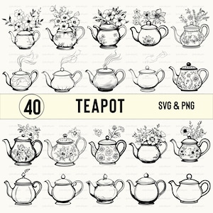 Theepot SVG PNG-bundel: bloemen theepot clipart, Cricut Cut-bestanden
