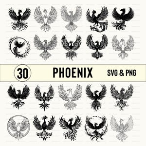 May include: A set of 30 black and white vector illustrations of phoenixes in various poses. The illustrations are in a simple, stylized design and are perfect for use in crafts, scrapbooking, or digital design.