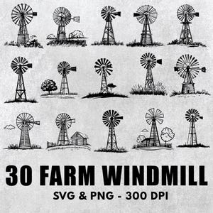 Boerderij windmolen SVG-bundel: silhouet clipart, logobestanden (PNG)