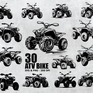 Pode incluir: Um conjunto de 30 ilustrações em preto e branco de ATVs. As ilustrações estão em uma variedade de poses, incluindo dirigir, virar e parar. O texto "30 ATV BIKE SVG & PNG - 300 DPI" está na parte inferior da imagem.