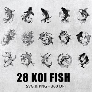 Pode incluir: Um conjunto de 28 ilustrações em preto e branco de peixes koi em várias poses. As ilustrações são em um estilo simples, de arte linear e são perfeitas para usar em projetos digitais ou impressos.
