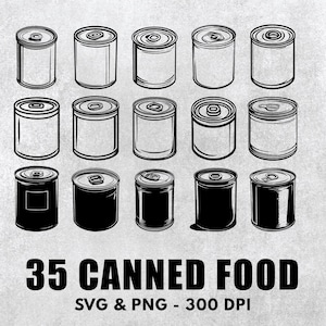 Può includere: Trentacinque illustrazioni in bianco e nero di cibi in scatola. Le lattine sono disegnate in stile vintage con un design semplice. Il testo "35 Canned Food" e "SVG & PNG - 300 DPI" è in basso nell'immagine.