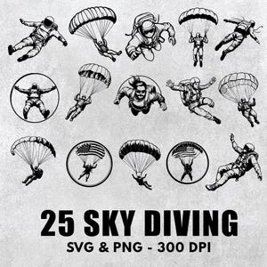 Könnte beinhalten: Ein Set mit 25 Schwarzweiß-Illustrationen von Skydivers. Die Illustrationen zeigen Personen, die mit Fallschirmen springen, einige mit amerikanischen Flaggen. Der Text "25 SKY DIVING" und "SVG & PNG - 300 DPI" befindet sich am unteren Rand des Bildes.