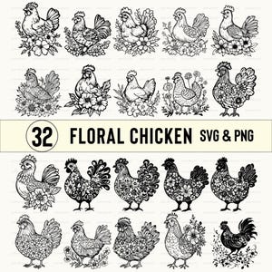 Puede incluir: Un conjunto de 32 archivos digitales SVG y PNG de pollo floral en blanco y negro. Los pollos se representan en una variedad de poses, con flores y hojas que los rodean.
