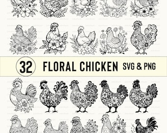 Floral Chicken SVG Bundle: Silhouette Clipart, Cricut Decal Files