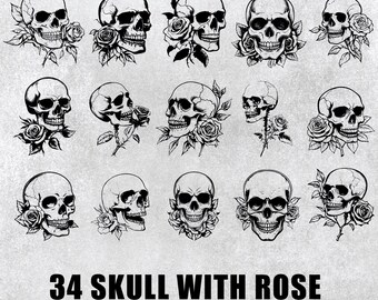 Pacote SVG de Caveira com Rosa: Clipart Gótico, Designs de Decalque (PNG, 300 DPI)