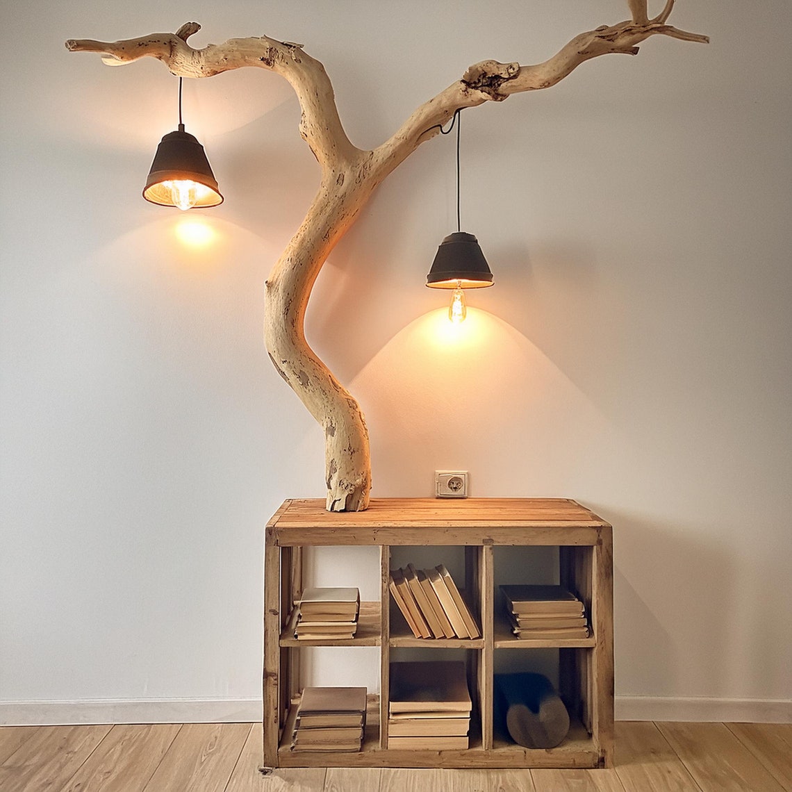 Tree Branch Bookshelf Decor With Hanging Lamps, Rustic Bookcase, Branch ...