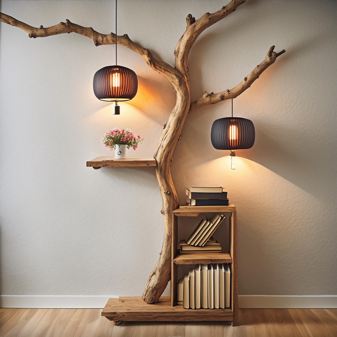 Tree Branch Bookshelf Decor With Hanging Lamps, Rustic Bookcase, Branch ...