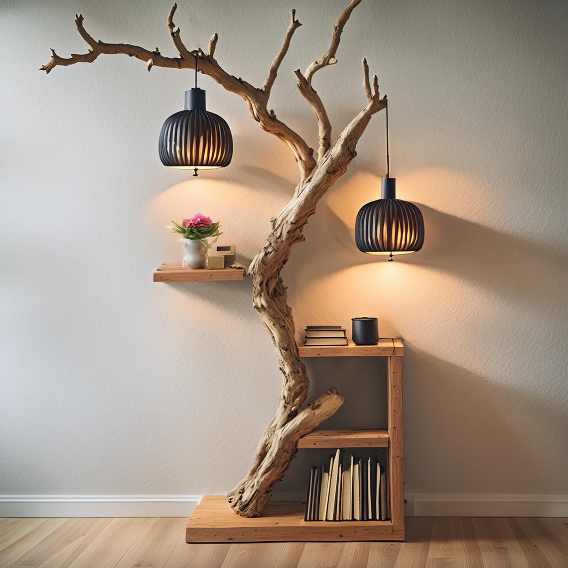 Tree Branch Bookshelf Decor With Hanging Lamps, Rustic Bookcase, Branch ...