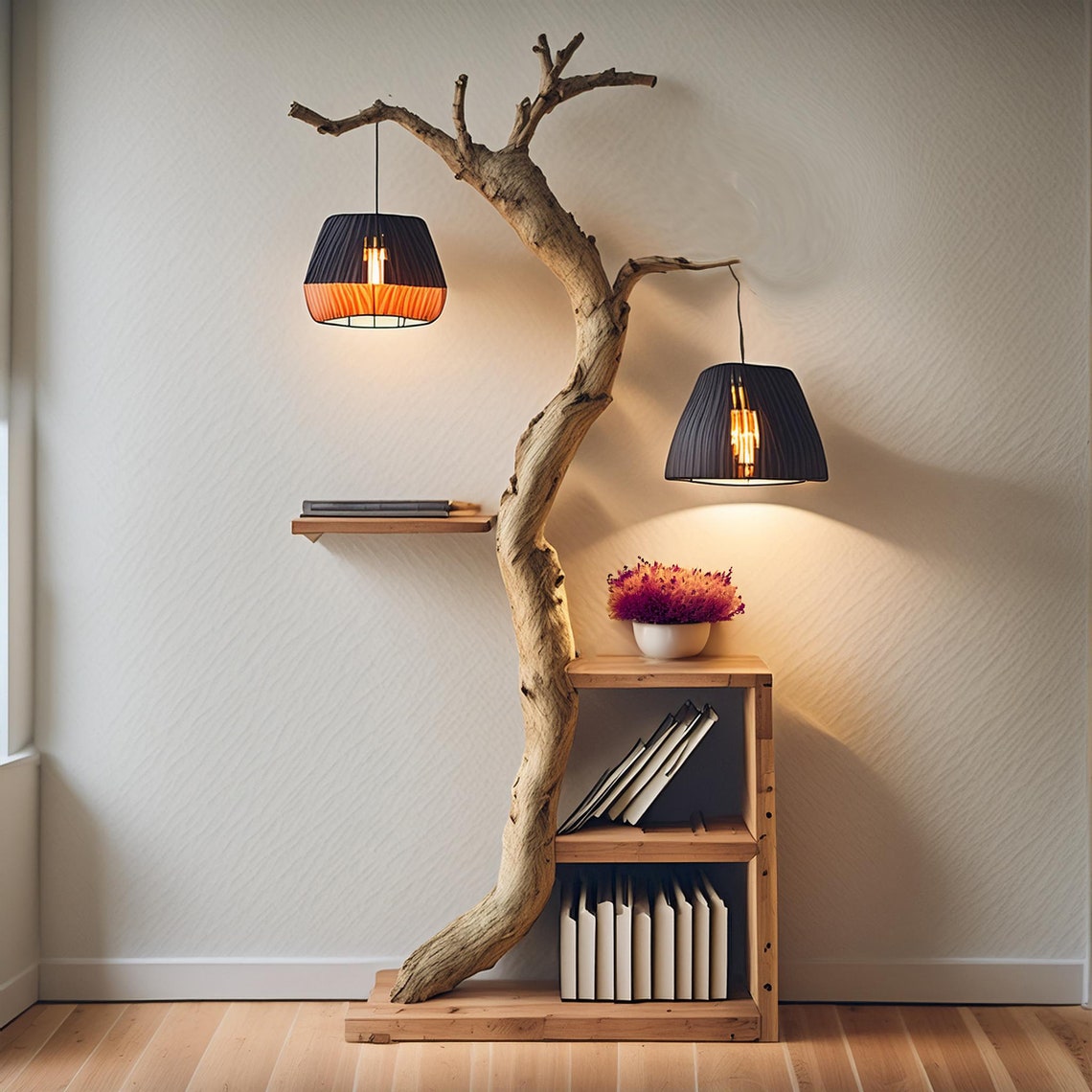Tree Branch Bookshelf Decor With Hanging Lamps, Rustic Bookcase, Branch ...