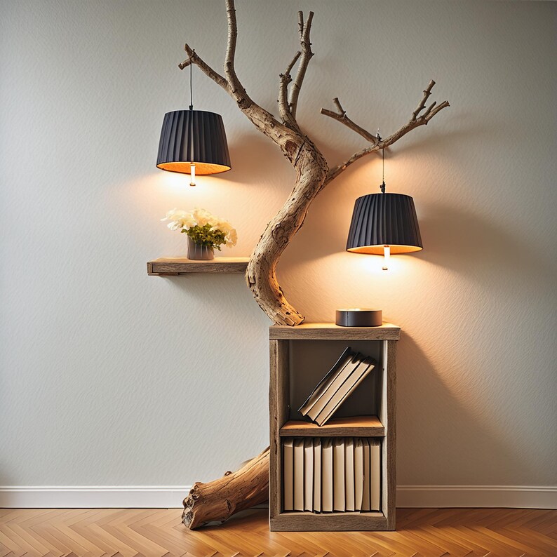 Tree Branch Bookshelf Decor With Hanging Lamps, Rustic Bookcase, Branch ...
