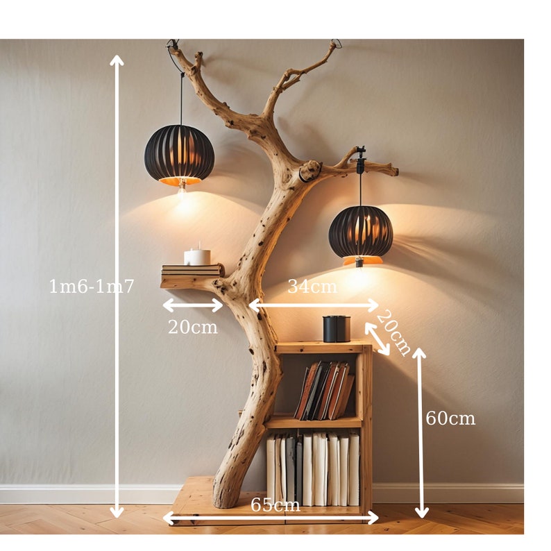 Tree Branch Bookshelf Decor With Hanging Lamps, Rustic Bookcase, Branch ...