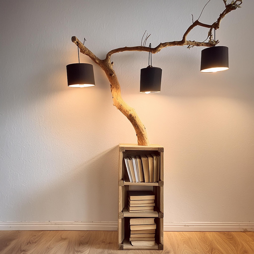 Tree Branch Bookshelf Decor With Hanging Lamps, Rustic Bookcase, Branch ...