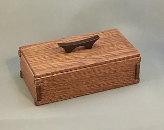 Japanese Inspired Wooden Keepsake Box in Quarter-sawn Oak, rich velvet colors of interior. Lift out tray, sectioned lower level for storage.