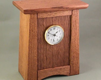 Smaller Wooden Arts & Crafts Clock with Secret Storage in Quarter Sawn Oak. Case has battery operated quartz movement and "secret" storage.