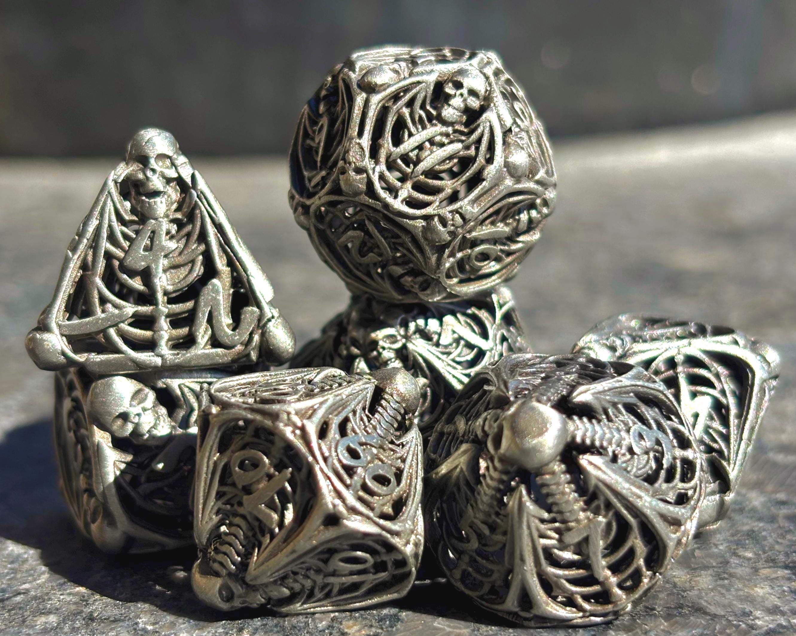 Skull Hollow Metal DnD Dice Set - Pirate Dungeons & Dragons Necromancer Dice Gift Bones Gothic RPG Dice, Necromancer Skeleton dice