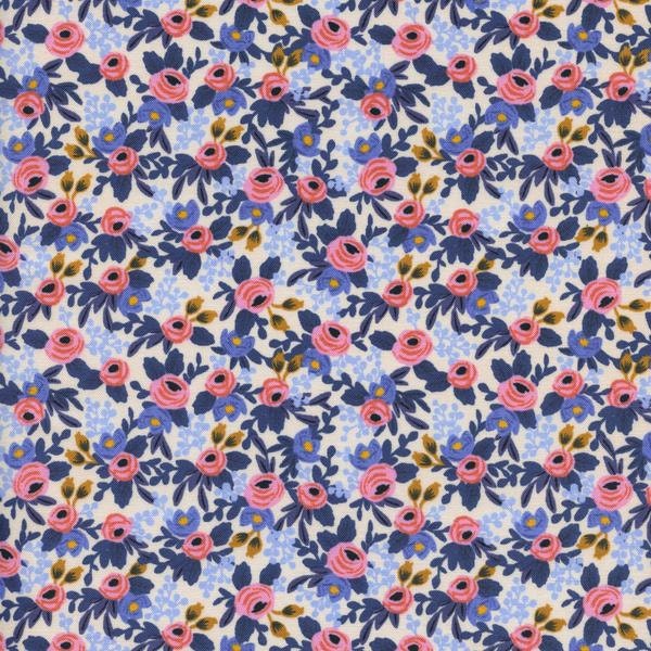 Periwinkle rosa floral fabric Rifle paper co fabric Les fleurs rosa periwinkle 8004-03 Cotton & Steel fabric Blue pink floral