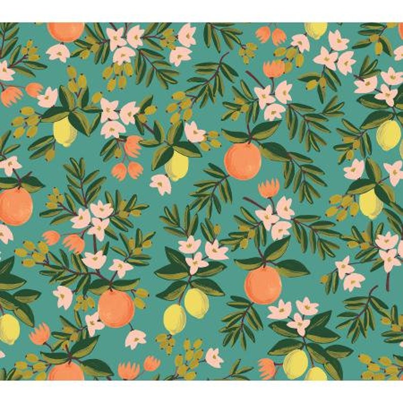 Primavera Rifle Paper Co fabric Citrus Floral Teal rp300te3 Green Orange Yellow floral